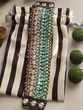 GUC Henri Bendel Multicolored Woven Chain Statement Leather Bracelet With Pouch